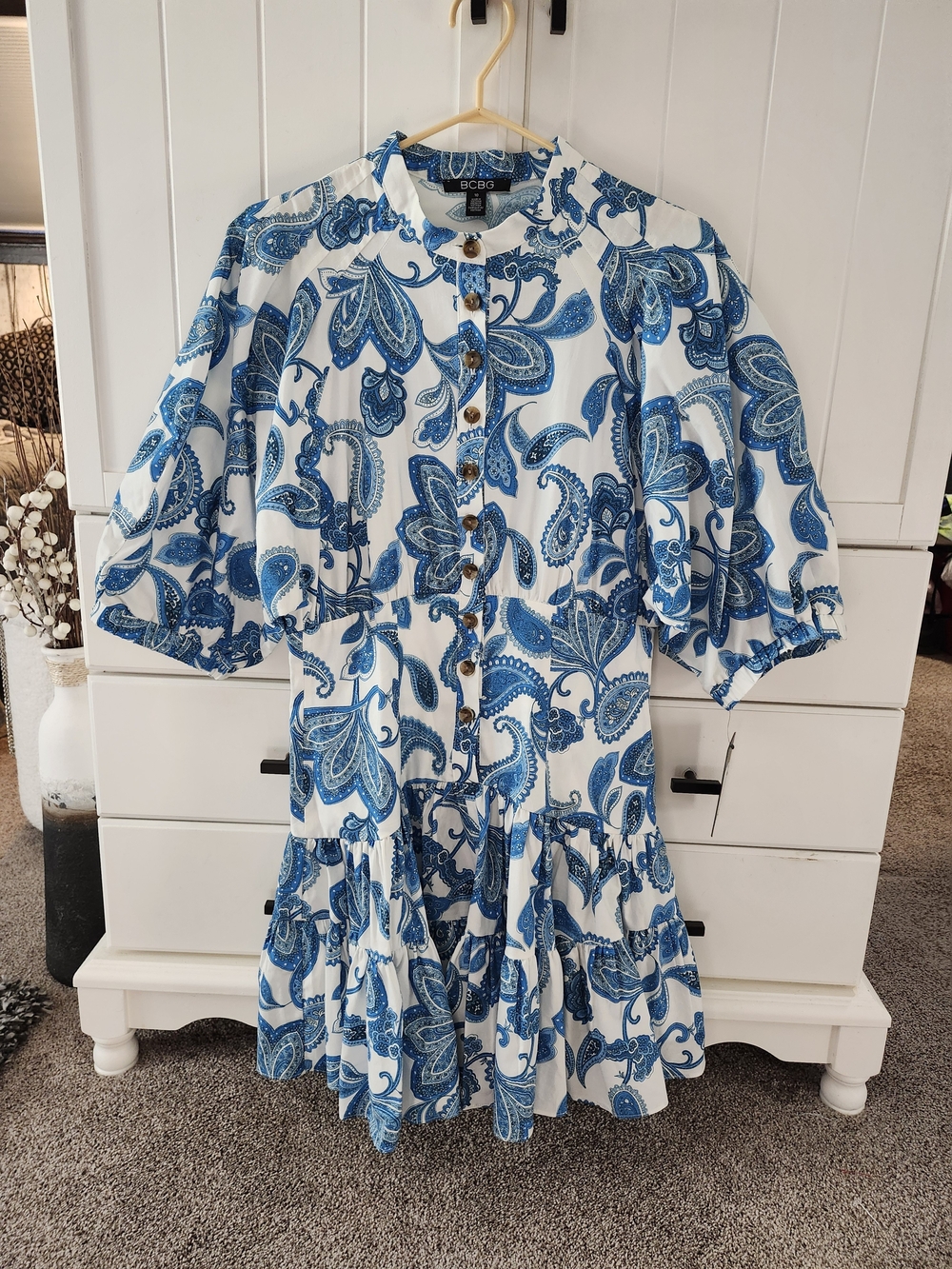 BCBG White and Blue Paisley Button-Front Mini Dress